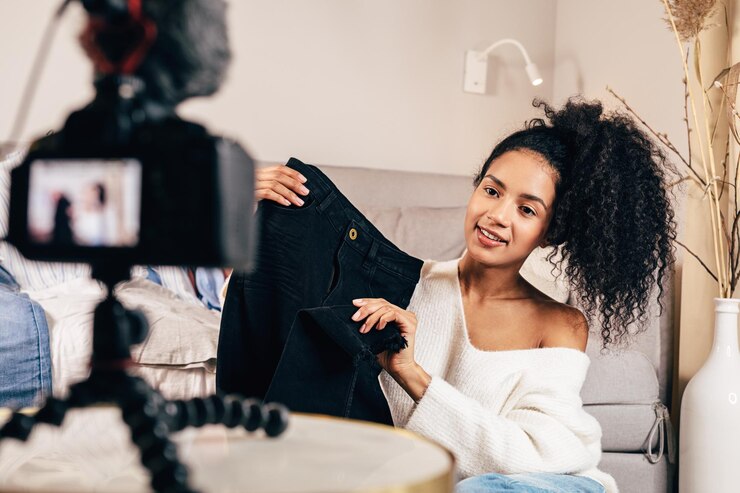 Foto joven influyente blogueando sobre ropa mientras está sentado en casa