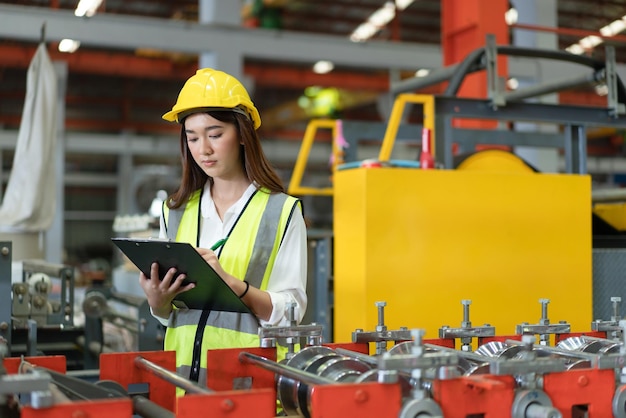 Joven ingeniera con chaleco de seguridad con máquina de control de casco amarillo en el documento en fábrica