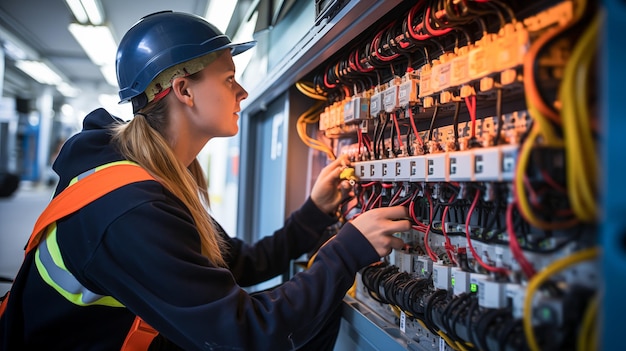 Foto joven ingeniera eléctrica con ropa de protección trabajando en un panel eléctrico