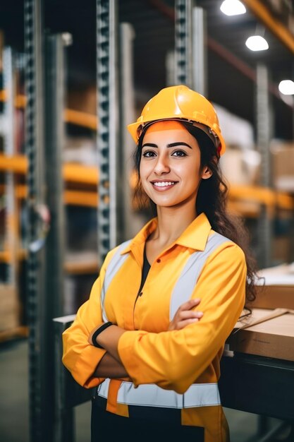 Foto joven ingeniera de pie con confianza en el lugar de trabajo