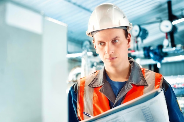 Joven ingeniero a casco y registros de chaleco protector en lecturas de registro de dispositivos o consumo de gas en sala de calderas