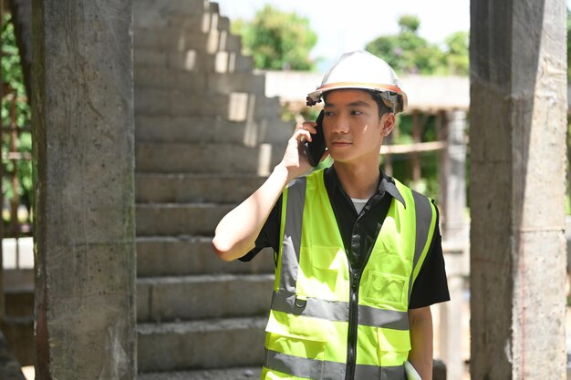 Joven ingeniero constructor en casco hablando por teléfono móvil mientras está de pie en el sitio de construcción