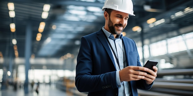 Un joven ingeniero feliz usando un teléfono móvil en el trabajo