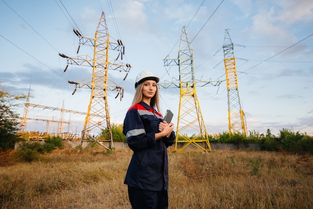 Un joven ingeniero inspecciona y controla el equipo de la línea eléctrica. Energía.