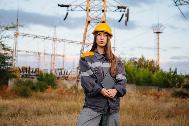 Un joven ingeniero inspecciona y controla el equipo de la línea eléctrica. Energía.