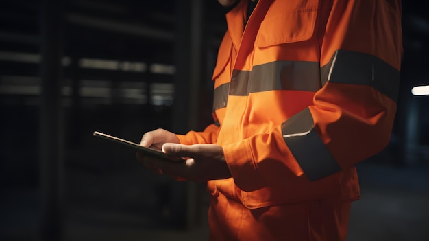 Joven ingeniero con pantalones de trabajo naranjas y ajustando su tableta en el trabajo IA generativa