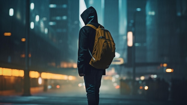 Un joven ingeniero paseando de espaldas por las calles de una metrópolis cibernética se ve en una toma de cuerpo completo La IA generativa