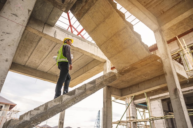 Foto joven ingeniero profesional trabajador en el sitio de construcción de la casa