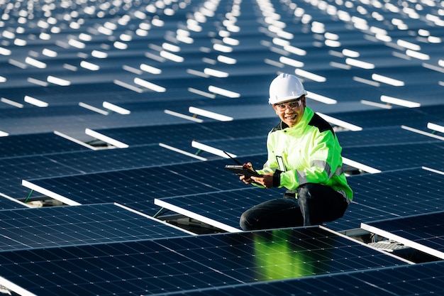 Un joven ingeniero en ropa de trabajo trabaja con una tableta cerca de un gran panel solar.