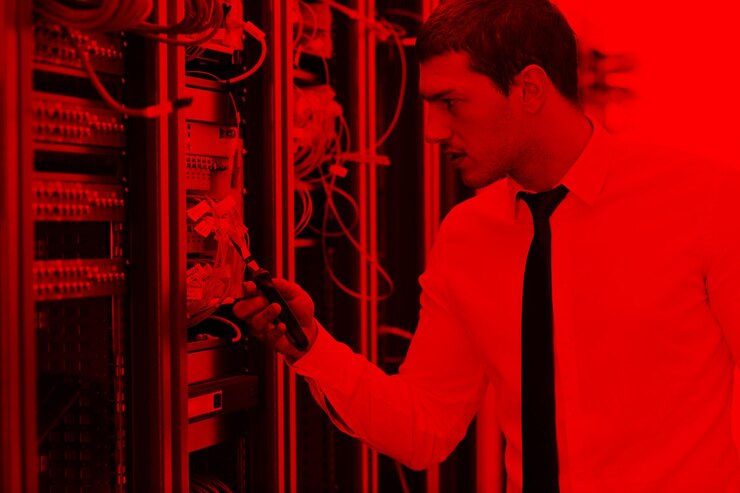 Foto joven ingeniero en la sala de servidores del centro de datos