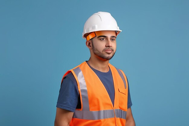 Foto joven ingeniero de sitio con un chaleco de seguridad y casco aislado sobre fondo azul