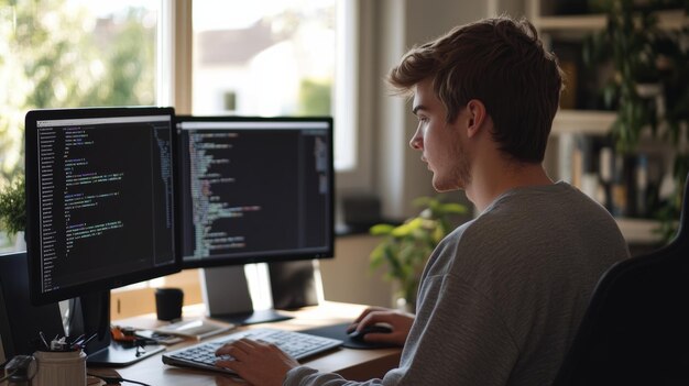 Joven ingeniero de software codificando en dos monitores en una oficina en casa con iluminación natural Desarrollo de software remoto y codificación desde el concepto de casa