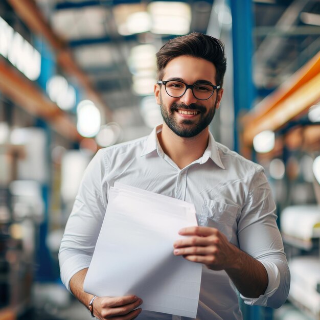 Foto un joven ingeniero sonriente sostiene papeles blancos en sus manos