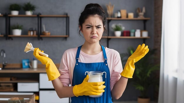 Foto una joven insatisfecha frunce el ceño con insatisfacción lleva un frasco de detergente y usa un cepillo