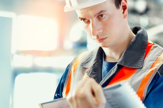 El joven inspector o ingeniero con casco y chaleco de construcción hace entradas de diario en las instalaciones de producción