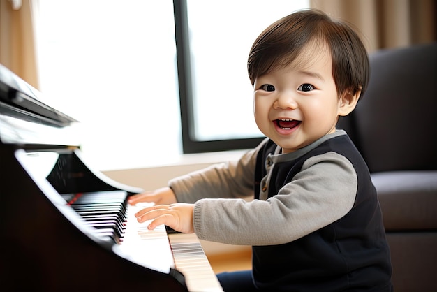 Un joven con un instrumento tocando el piano.