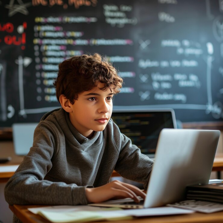 Foto un joven inteligente trabaja en una computadora portátil para su nuevo proyecto en su clase de ciencias de la computación