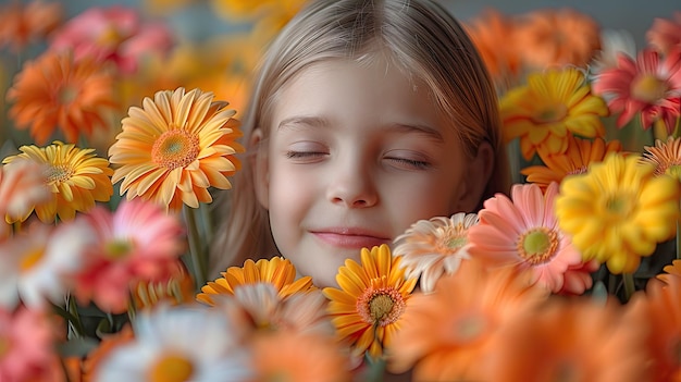 Una joven con intensa curiosidad mientras examina las flores