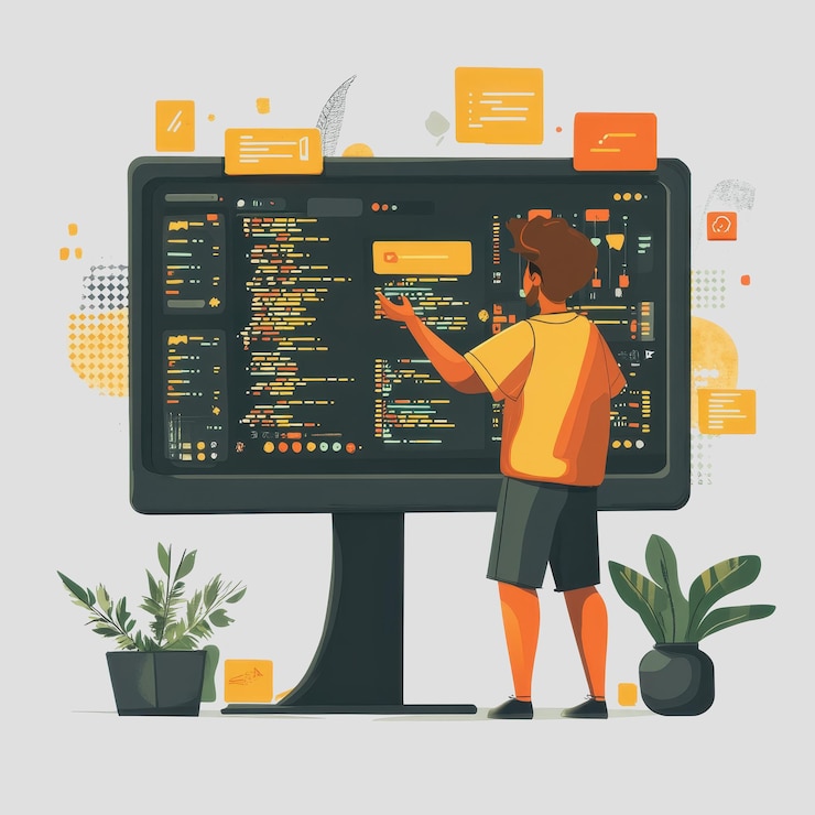 Foto joven interactuando con una gran pantalla de computadora que muestra código complejo y visualización de datos en un entorno de espacio de trabajo moderno