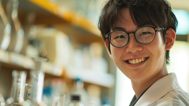 joven investigador alegre disfrutando del trabajo en un laboratorio de ciencias