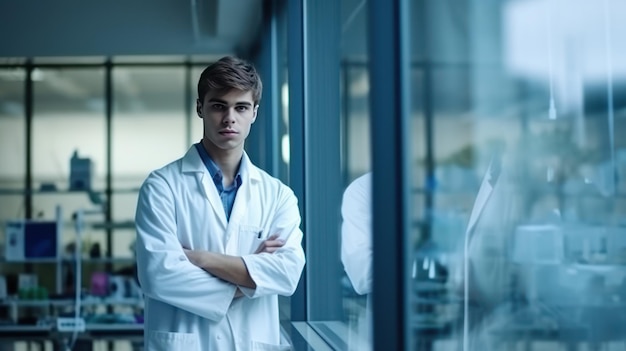 Joven investigador masculino enfocado en bata de laboratorio con los brazos cruzados se encuentra con confianza en un laboratorio moderno