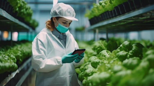 Un joven investigador que lee artículos en línea sobre variedades novedosas de vegetales de hojas en granjas verticales que usan IA generativa mientras usa overoles de seguridad y una máscara