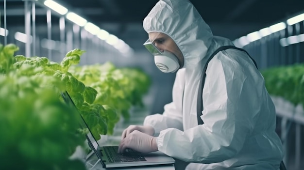 Un joven investigador que lee artículos en línea sobre variedades novedosas de vegetales de hojas en granjas verticales que usan IA generativa mientras usa overoles de seguridad y una máscara