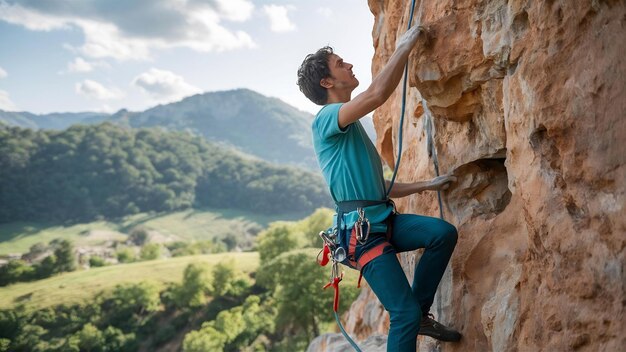 Joven ir a escalar en la roca con quickdraws colgando de su arnés