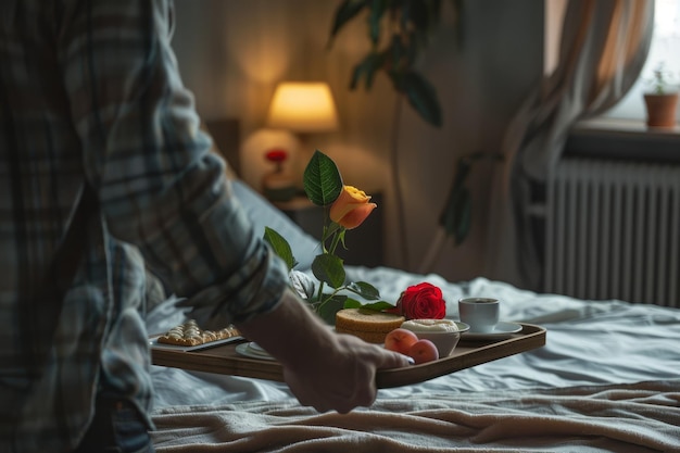 Un joven irreconocible lleva una bandeja con desayuno y rosas a la cama.