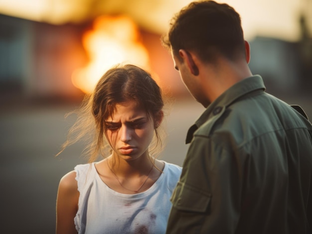 Una joven israelí con cara triste pasa junto a un oficial militar frente a un edificio en llamas.