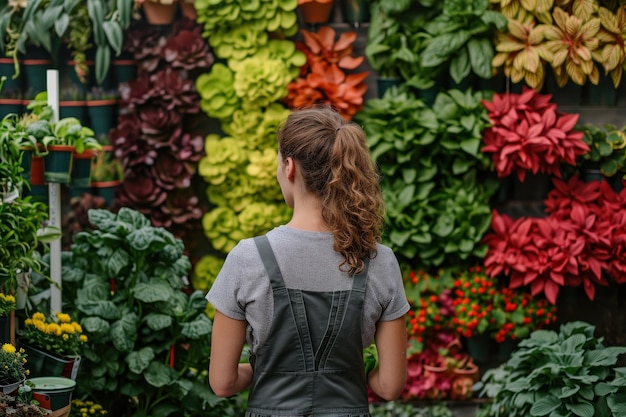 Joven jardinera sonriendo junto a una exhibición de jardín vertical exuberante