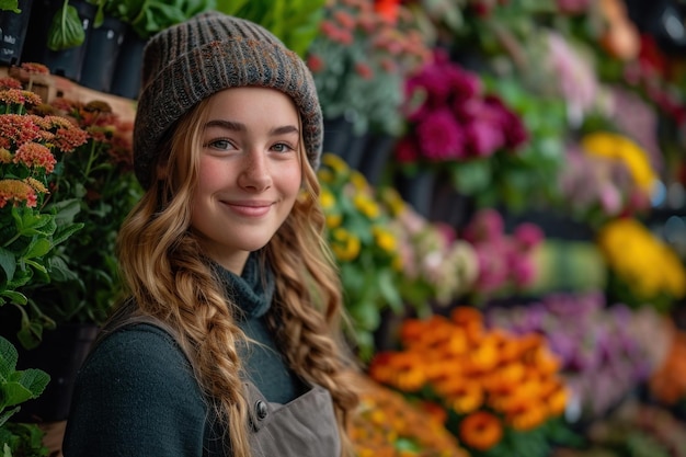 Joven jardinera sonriendo junto a una exhibición de jardín vertical exuberante