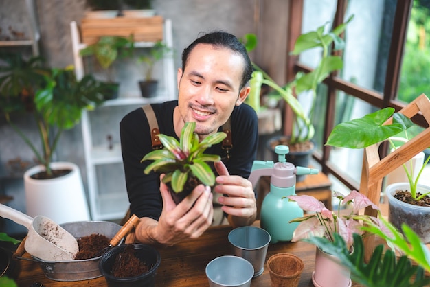 Joven jardinería una planta en hobby en casa naturaleza florista persona estilo de vida en concepto verde