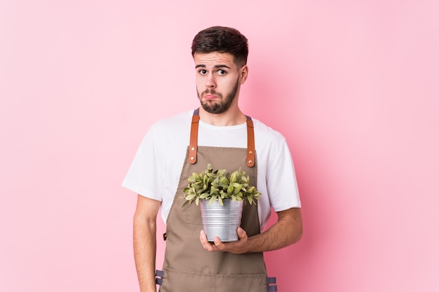 Joven jardinero caucásico sosteniendo una planta aislada se encoge de hombros y abre los ojos confundidos.