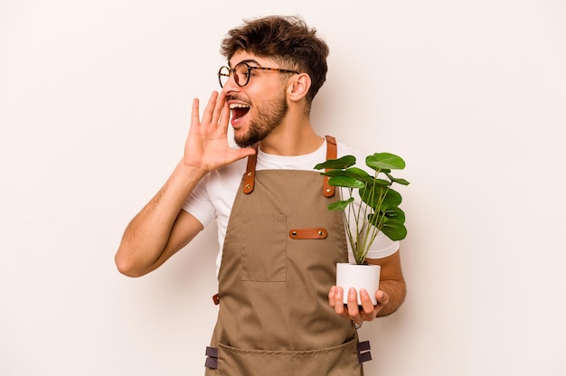 Joven jardinero hispano sosteniendo una planta aislada de fondo blanco gritando y sosteniendo la palma cerca de la boca abierta