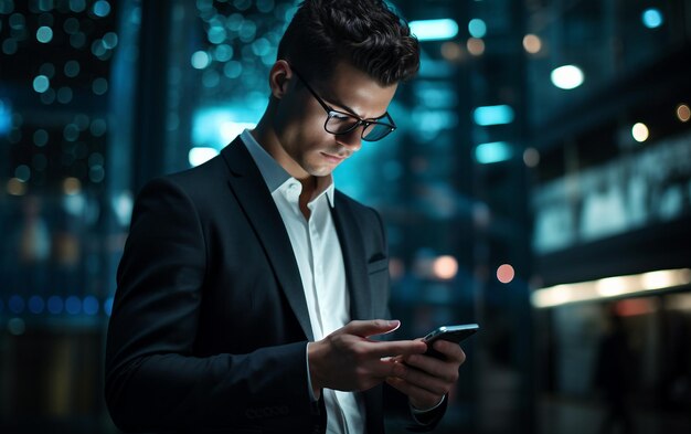 Foto joven jefe comprobando mensajes en un dispositivo futurista