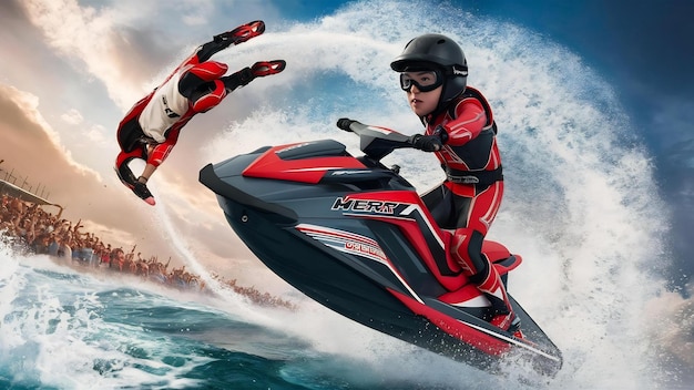 Joven en jet ski piloto profesional de jet ski campeonato de jet ski realiza muchos trucos en