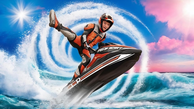 Joven en jet ski piloto profesional de jet ski campeonato de jet ski realiza muchos trucos en