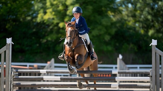 Foto un joven jinete montando un caballo saltando por encima de una valla en una carrera ecuestre