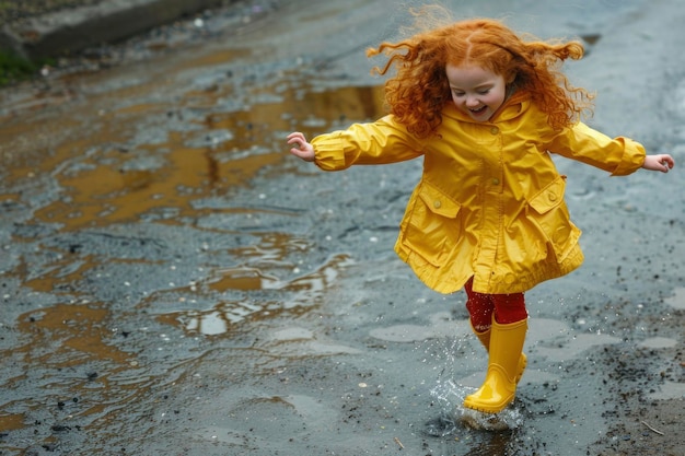 Foto joven joven alegre con el cabello rojo rizado salpicando en un charco con un impermeable amarillo brillante y botas
