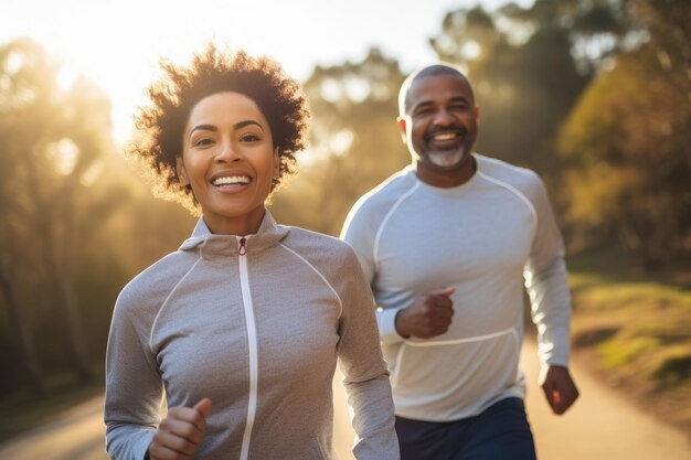 Una joven y un joven corren por su deporte y salud Generativo ai