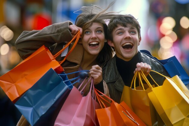 Foto un joven y una joven entusiastas se entregan a la terapia de venta al por menor agarrando bolsas multicolores durante una frenesí de compras que personifican el consumismo y un estilo de vida relajado