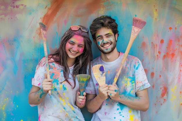 Foto un joven y una joven sonrientes con los colores de holi