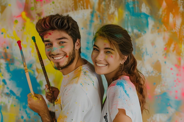 Foto un joven y una joven sonrientes con los colores de holi