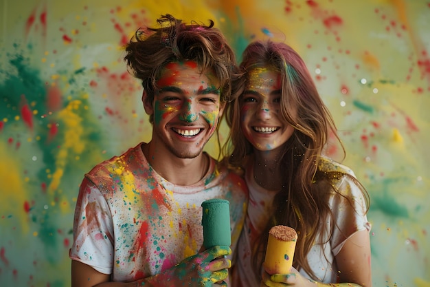 Foto un joven y una joven sonrientes con los colores de holi