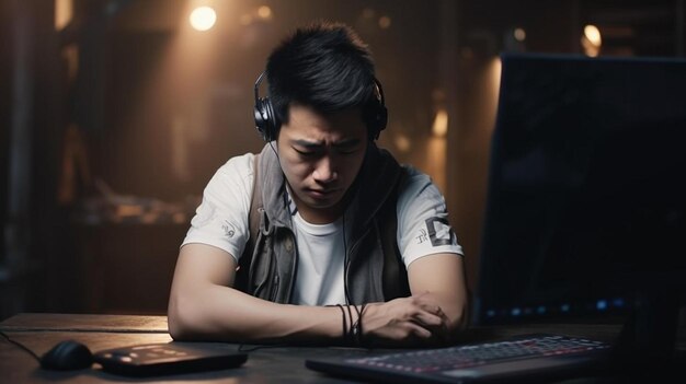 Foto joven jugador asiático se siente deprimido cuando juega en videojuegos en línea