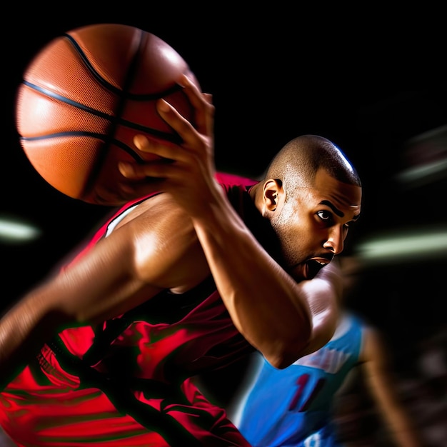 Joven jugador de baloncesto afroamericano en acción sobre fondo negro