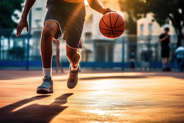 Un joven jugador de baloncesto driblando la pelota en la cancha de baloncestro en acción