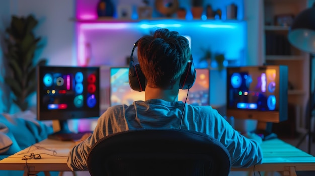 Joven jugador jugando videojuegos en casa Está sentado en una habitación oscura con luces de colores que se reflejan en su cara