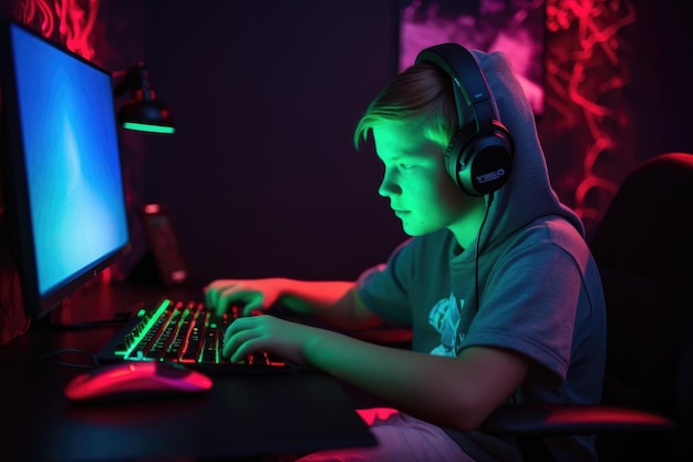Joven jugador masculino jugando un juego en su computadora portátil creado con ai generativo